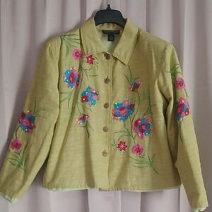 Alex Kim Green Jacket, Floral Embroidery Sequins, Button Front, Lined, Plus Size
